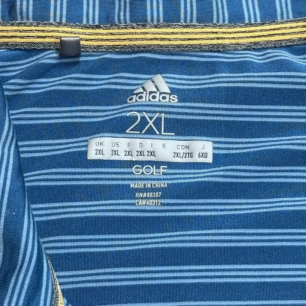 Adidas Golf~Men's~Polo Blue‎ Striped Performance Casual Shirt~Size 2XL